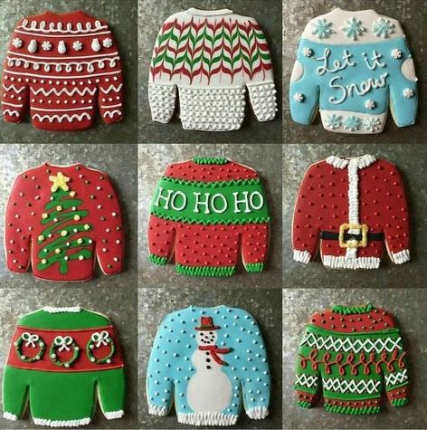 Cable Knit Sweater Cookies, Decorated Sweater Cookies, Ugly Christmas Sweater Cookies Ideas, Cookie Sweater Decorating, Ugly Sweater Decorated Cookies, Ugly Sweater Cookies Ideas, Ugly Christmas Sweater Cookies Decorated, Ugly Sweater Sugar Cookies, Sweater Sugar Cookies Decorated