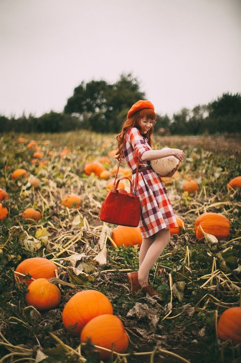 pumpkins & plaid #modcloth #fallstyle #fashion Pumpkin Patch Photoshoot, A Clothes Horse, Librarian Chic, Pumpkin Queen, Fall Portraits, Fall Session, Camo Dress, Dress Cottagecore, Cottagecore Dress