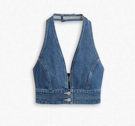 Daisy Jones Denim Top, Jean Crop Top Diy, Diy Top From Jeans, Upcycling Crop Tops, Jeans To Top Diy, Denim Top Pattern, Denim Top Sewing Pattern, Diy Jean Top, Denim Halter Top Outfit