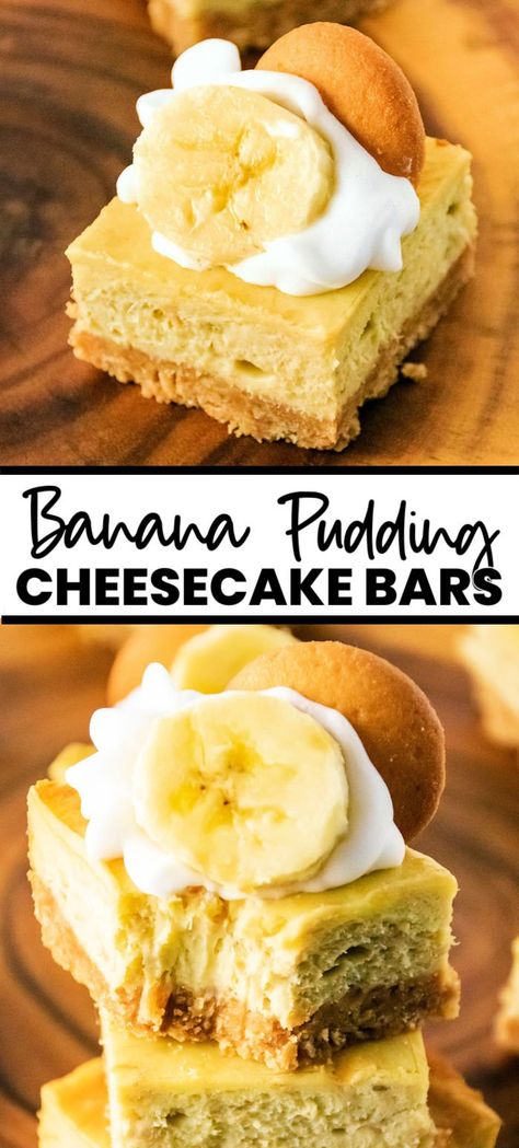 These Banana Pudding Cheesecake Bars combine everything you love about cheesecake and banana pudding into one easy, creamy, delicious dessert bar. We'll use both mashed bananas and pudding mix to get maximum banana flavor on top of a sweet vanilla wafer crust! Banana Pudding Cheesecake Bars Recipe, Banana Pudding Bars Recipe, Banana Pudding Cheesecake Bites, Mini Banana Pudding Cheesecake, Banana Cheesecake Bars, Banana Pudding Cheesecake Squares, Banana Cream Cheesecake Bars, Banana Pudding Bars, Banana Pudding Cheesecake Bars