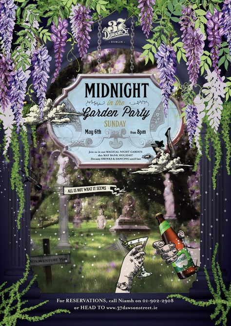 Bar, poster design, May Bank Holiday, 2018 Garden Party Poster, Bar Poster Design, Elegant Garden Party, Elegant Garden, Bar Poster, Club Poster, Midnight Garden, Party Poster, Bank Holiday