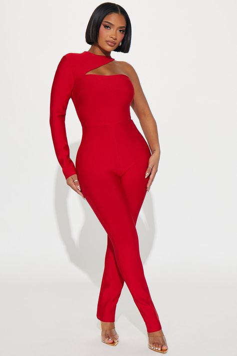 Make It Out Bandage Jumpsuit  - Red | Fashion Nova Red Catsuit, Jumpsuit One Shoulder, Sweat Suits Women, Red Bandage Dress, Taupe Fashion, Bandage Jumpsuits, Red Jumpsuit, Cargo Pant, Curve Dresses