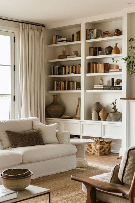 Book Shelved Wall, Library Wall In Living Room, Nook Shelving, Shelving Ideas For Living Room, Cozy Reading Nook Ideas, Shelving Unit Ideas, Reading Corner Ideas, Corner Shelves Living Room, Creative Shelving