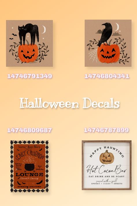 my decals ♥ halloween fall decal codes for bloxburg/berry avenue/roblox ♥ these can be used in any games that allow codes Fall Decal Codes, Decal Codes For Bloxburg, Codes For Bloxburg, Roblox Halloween, Fall Decal, Baby Decals, Bloxburg Decals Codes Aesthetic, Preppy Decal, 90s Wallpaper Hip Hop