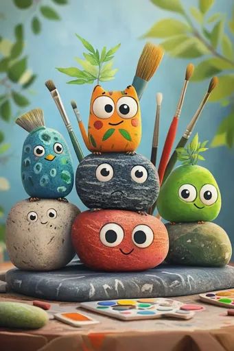 ↑↑↑ Larger size on website 🔸 Five colorful, painted rocks with googly eyes and painted expressions are stacked on top of each oth Rocks With Googly Eyes, Googly Eyes, The Scene, Paint Brushes, Painted Rocks, Color