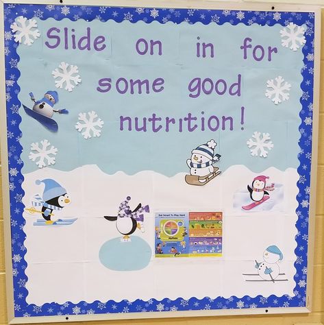 Cafeteria Christmas Bulletin Board, Winter Nutrition Bulletin Board, Winter Cafeteria Bulletin Boards, Winter School Nurse Bulletin Board, Lunch Room Bulletin Board Ideas, Lunchroom Bulletin Boards Cafeterias, Lunch Boards, Elementary School Cafeteria, Kitchen Bulletin Boards