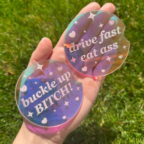 Iridescent car coasters 🚗 These are super fun car coasters that are waterproof and give your car some pizzaz. They are 3 inches in diameter, so please double check before buying because they don’t fit all cars! I can also customize phrases and the size if needed! 🥹✨ They are available in my Etsy and Shopify!!! #carinstagram #cuteaccessories #etsyfinds Acrylic Car Coasters, Glitter Car Coasters, Custom Car Coasters, Car Cup Holder Coaster Resin, Cute Car Cupholder Coasters, Car Coasters, Etsy Finds, Buckle