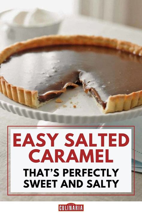 A salted caramel tart with a smooth, glossy filling and a flaky crust served on a white pedestal. Salted Caramel Tartlets, Caramel Tartlets, Caramel Tart Recipe, Banoffee Tart, Easy Salted Caramel, Tarte Tatin Recipe, Salted Caramel Tart, Caramel Tart, Butter Tarts