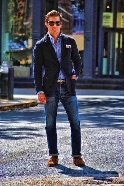 What To Wear With Dark Denim | Men’s Guide To Dark Blue Jeans Sport Coat And Jeans, Loafers And Jeans, Dress Code Casual, Herren Style, Outfit Blazer, Dress Blazer, Blazer Jeans, Mode Casual, Outfit Jeans