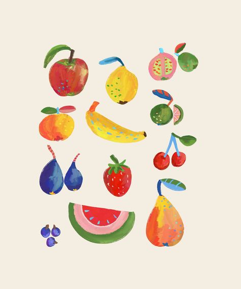 Shaping my own style 3/30 #illustration #fruits #procreate Fruit Print Wallpaper, Cute Fruit Illustration, Fruits Illustration, Illustration Fruit, Surface Pattern Design Inspiration, Watercolour Ideas, Cartoon Fruit, Conversational Prints, Procreate Illustration