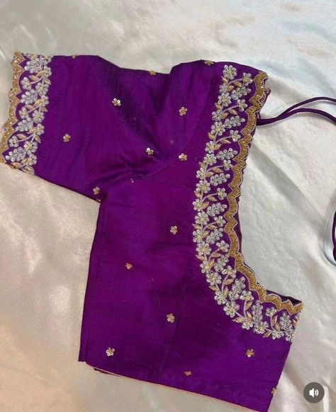 "Purple Maggam Work Blouse at SM Designs – Royal Elegance! 💜 Step into sophistication with our Purple Maggam Work Blouse, designed to add a regal touch to your ethnic wardrobe. Crafted with intricate maggam embroidery on high-quality Half Pattu/Raw Silk, this blouse is perfect for weddings, festive celebrations, and special occasions. Customizable to suit your style, this elegant piece will make you stand out effortlessly. 🌸 Fabric: Half Pattu / Raw Silk 🌸 Price: ₹2000 for unstitched, ₹2550... Maggam Work On Gold Color Blouse, Violet Blouse Designs, Purple Blouse Designs For Saree, Purple Colour Blouse Designs, Purple Blouse Designs, Magam Work Blouses Latest, Zardosi Blouse, Embroidery Blouse Saree, Hand Embroidery Blouse