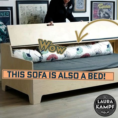 Laura Kampf - DIY Sofa Bed Made Out of Plywood! Laura Kampf, Sofa Drawer, Diy Sofa Bed, Comfortable Sofa Bed, Plywood Sheets, Diy Sofa, Diy Stuff, Comfortable Sofa, How To Make Bed