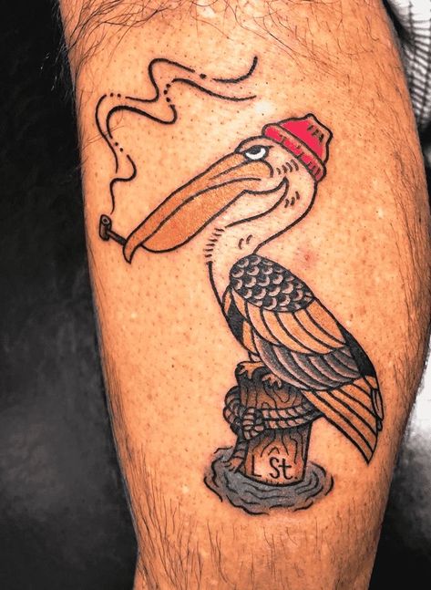 Pelican Traditional Tattoo, American Traditional Pelican Tattoo, Sailor Tattoo Design, Traditional Tattoos Nautical, Pelican Tattoo Men, American Traditional Birds, Trad Animal Tattoo, Long Traditional Tattoo, American Traditional Tattoos Animal