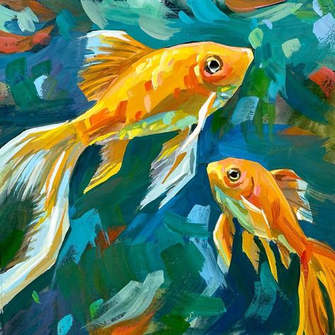 Modern Fish Painting, Gold Fish Painting, Goldfish Painting, Goldfish Art, Painting Fish, Koi Art, Fish Drawings, Gold Fish, Fish Painting