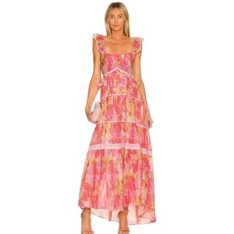 Bought This Recently For $745 After Tax. Never Worn. Maxi Style Long Dress Sleeveless Cotton Ruffle Printed Silk Dresses, Pink Contrast, Coral Maxi Dresses, Asymmetric Skirt, Bohemian Lifestyle, 21st Dresses, Silk Dresses, Guest Attire, Wedding Attire Guest