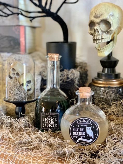 Halloween Potions Display, Witches Table, Potion Table, Witch Table Decor, Halloween Bridal Showers, Halloween Entryway, Halloween Living Room, Halloween Party Night, Halloween Potion Bottles