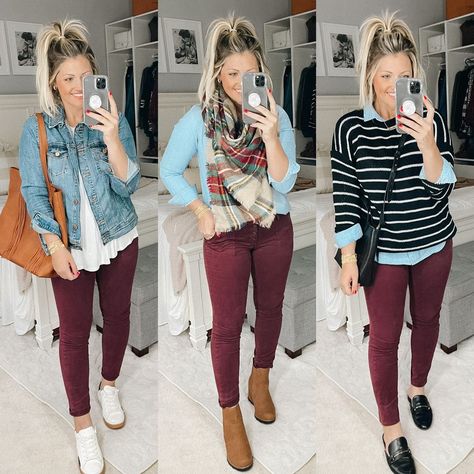 Fall Outfits With Colored Pants, Burgandy Pants Outfits Fall, Burgundy Jeans Outfit Winter, Maroon Pants Outfit Winter, Burgundy Pants Outfit Fall, How To Style Burgundy Leggings, Colored Joggers Outfit, Wine Color Pants Outfit, Colored Jeans Outfits Fall