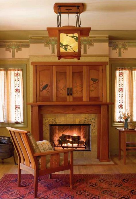 Arts And Crafts Fireplace, Craftsman Interiors, Craftsman Fireplace, Arts And Crafts Interiors, Craftsman Interior, Fireplace Tile Surround, Arts And Crafts Furniture, Arts And Crafts House, Craftsman Style Homes