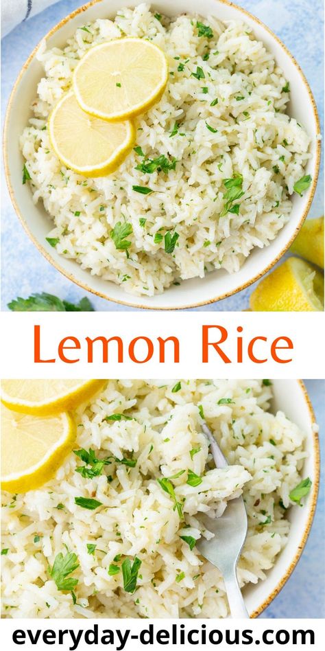 This easy lemon rice recipe makes a flavorful side dish that you'll want to make on repeat. It's great with chicken or fish and seafood. It's seasoned with garlic, lemon juice and zest, and parsley. So easy and flavorful! Parsley Rice Recipe, Easy Lemon Rice, Lemon Rice Recipe, Garlic Butter Rice, Lemon Fish, Basmati Rice Recipes, Rice Side Dish Recipes, Chicken Bowl Recipe, Garlic Rice