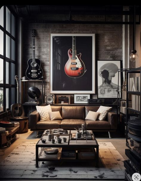 Record Room Ideas, Small Music Room, Modern Music Room, Room Aesthetic Dark, Studio Room Design, Industrial Style Living Room, Industrial Style Bedroom, Music Room Design, Home Music Rooms