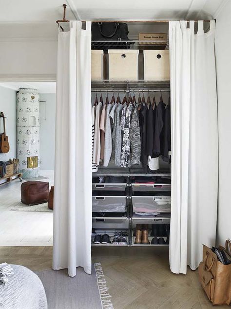 Bright and compact Swedish apartment exhibiting an efficient layout Wardrobe Curtain, Makeshift Closet, Diy Kast, Apartment Closet Organization, Cheap Closet, Closet Curtains, Open Wardrobe, No Closet Solutions, Open Closet