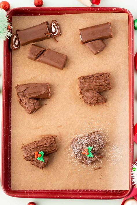 Mini Yule Log Cakes add lots of delicious holiday fun yet are super easy to make using Little Debbie Swiss Rolls, store-bought frosting, and sprinkles! A quick and simple recipe that kids will love helping you with! Mini Yule Log, Red Skittles, Log Cakes, Yule Logs, Swiss Roll Cakes, Chocolate Swiss Roll, Chocolate Yule Log, Swiss Rolls, Roll Cakes