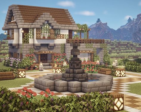 Minecraft Cottage Village Ideas, Minecraft Cottage House Vanilla, Pretty Minecraft Houses Vanilla, Minecraft Park Ideas Design, Cottage Houses Minecraft, Mc House Ideas Cottage, Park Minecraft Ideas, Maison Minecraft Aesthetic, Minecraft Cottage Builds