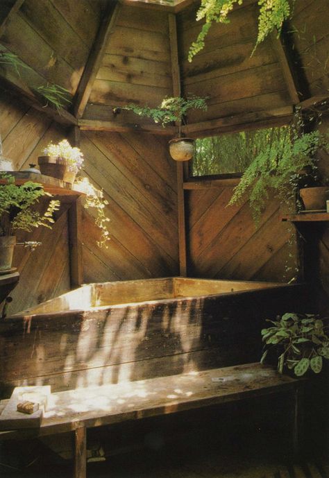 Outdoor Bath House Cabin, Outdoor Bathhouse, Wooden Tub, Wooden Bathtub, Wooden Bath, Tub Ideas, Outdoor Bath, Bathtub Design, Bohemian House