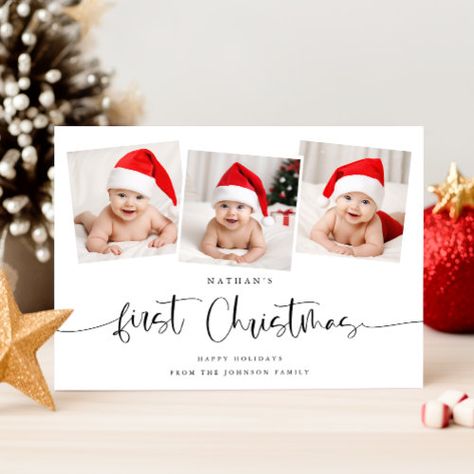 Minimalist Babys First Christmas 3 Photo Cute Holiday Card #zazzle #weddinginvitations #birthdayinvitations #babyshowerinvitations #zazzleinvitations #monogram #businesscards #graduation #homedecor Virtual Christmas Card, Baby Holiday Card, Baby Christmas Card, Baby's First Christmas Card, Happy Christmas Card, First Christmas Photos, Babys First Christmas, Christmas Pics, Photo Christmas Ornaments