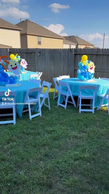 Muted Baby Shark Party, Baby Shark Balloon Arch, Boys Second Birthday Baby Shark, Baby Shark Centerpiece Ideas, Baby Shark Theme Pool Party, Baby Shark Second Birthday Girl, Baby Shark Centerpieces, Baby Shark Birthday Party Girl, Baby Shark Birthday Party Boy