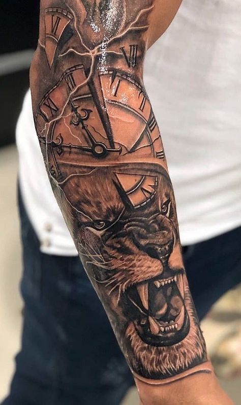 Voll Arm-tattoos, Clock Tattoo Sleeve, Lion Forearm Tattoos, Lion Tattoo Sleeves, Men Tattoos Arm Sleeve, Forarm Tattoos, Cool Arm Tattoos, Cool Forearm Tattoos, Forearm Sleeve Tattoos