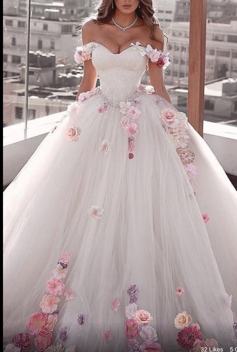 Hall Gown Dresses, White Rose Wedding Dress, Light Pink Wedding Dress With Sleeves, White Wedding Dress With Pink Accents, White Pink Wedding Dress, Wedding Dress With Pink Accents, Princess Wedding Dresses Pink, Wedding Dresses With Pink, White And Pink Wedding Dress