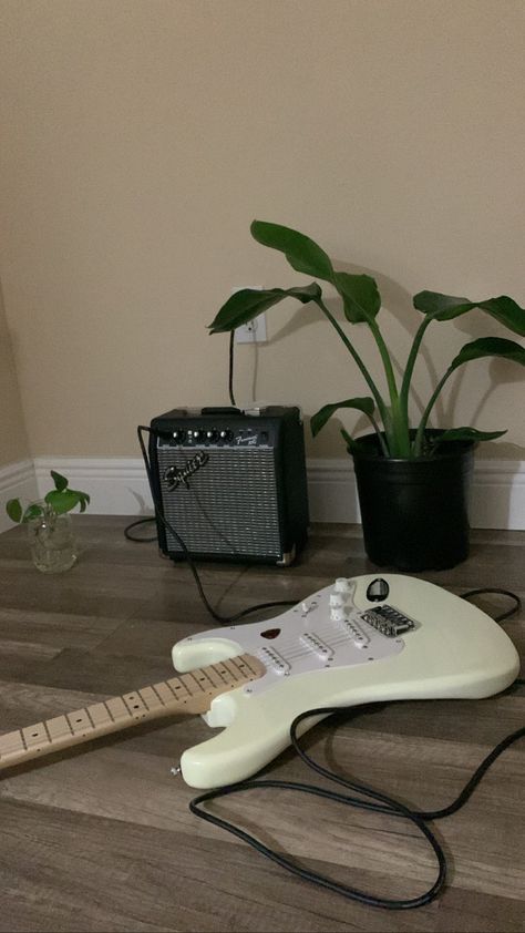 white stratocaster guitar with amp and plants Guitar Aesthetic Electric, Aesthetic Electric Guitar, White Stratocaster, White Electric Guitar, Strat Guitar, Guitar Aesthetic, White Guitar, Black And Blue Wallpaper, Guitar Fender