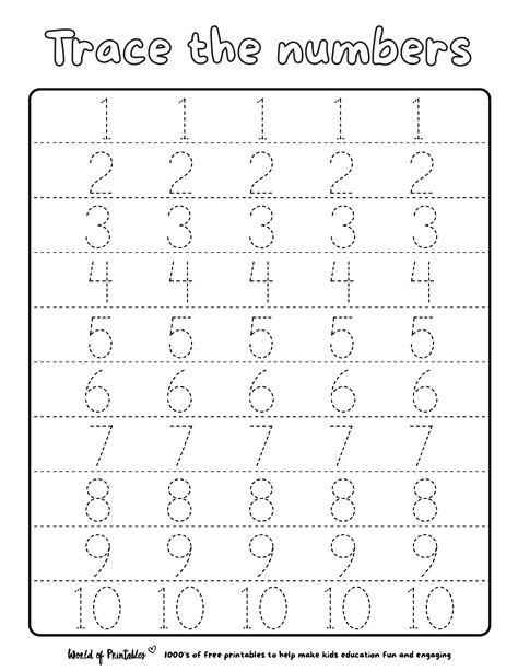 Trace Worksheet, Trace Numbers, Number Tracing Worksheets, Number Writing Practice, Tracing Numbers, Printable Alphabet Worksheets, Numbers Worksheet, 10 Number, Preschool Math Worksheets