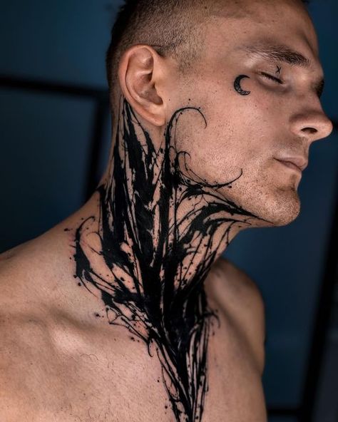 Tattoo Artist 🖤 on Instagram: "Full freehand cover up on a neck What do u think about this shape ?" Venom Neck Tattoo, Black Work Neck Tattoo, Blackwork Neck Tattoo, Black Neck Tattoo, Blackout Neck Tattoo, Dark Calligraphy, Blackwork Designs, Flame Tattoos, Black Neck