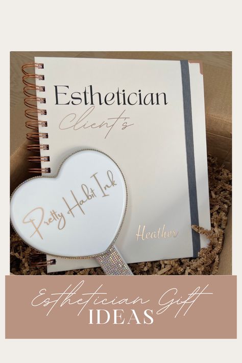 Esthetician Gift Set: Included is an esthetician client record book and a handheld mirror. Both can be customized with your name or business name. Christmas gifts for esthetician gifts for esthetician esthetician decor Esthetician Graduation Party Ideas, Esthetician Graduation Gift, Esthetician Gifts Ideas, Client Record Book, Esthetician Decor, Esthetician Inspiration, Esthetician Gifts, Medical Esthetician, Esthetician School