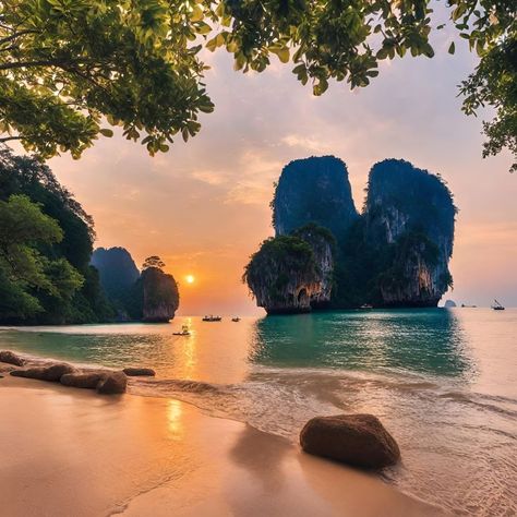 Krabi Sunset Spot Bangkok Beach, Railay Beach Thailand, Railay Beach Krabi, Bangkok Tourist, Thai Beach, Bangkok Shopping, Thailand Vacation, Thailand Adventure, Railay Beach