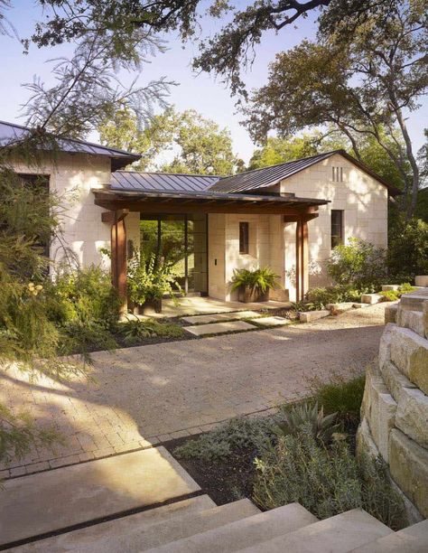 Stunning rustic modern home nestled on beautiful Lake Austin, Texas Brick Ranch Remodel, Open Porch, Exterior House Colors With Stone, Hill Country Homes, Ranch Remodel, European Style Homes, Brick Ranch, Mediterranean Style Homes, Modern Ranch