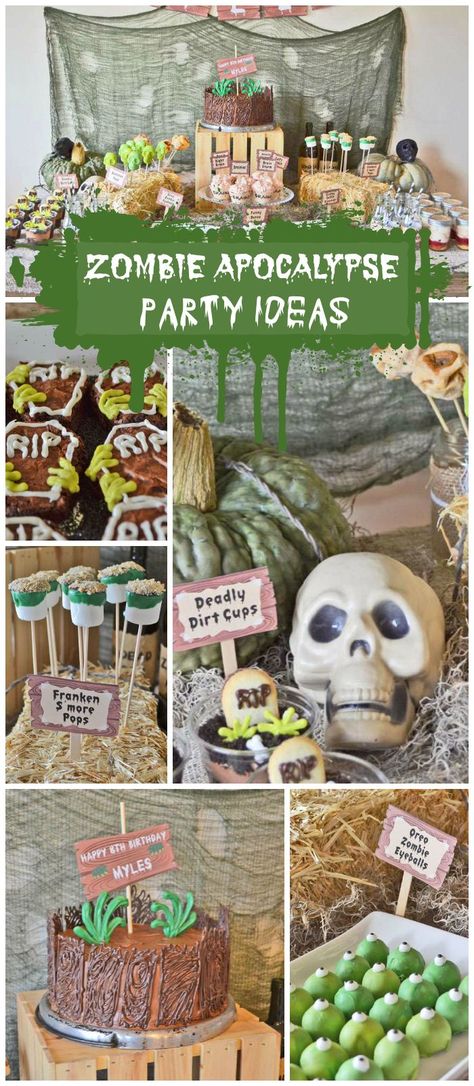 A not too scary zombie party where the kids used nerf guns to hunt zombies and ate zombie food!  See more party ideas at CatchMyParty.com! Zombie Themed Party Games, Zombie Apocalypse Party Food, Zombie Apocalypse Birthday Party, Kids Zombie Party, Zombie Birthday Party, Zombie Birthday Party Decorations, Zombie Themed Party, Apocalypse Party, Zombie Apocalypse Party