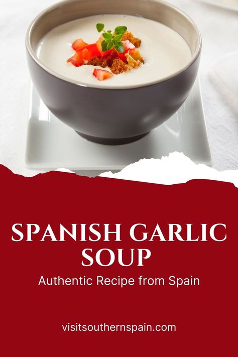 Are you looking for a Cold Garlic Soup recipe? The Ajo Blanco recipe is an Andalusian specialty for all the garlic lovers out there, having a unique taste. Ajo Blanco soup is a garlic soup recipe that is served during summertime and you can find it all over Spain, in restaurants and supermarkets alike. The ajoblanco recipe's main ingredients are garlic and almond, making the Spanish garlic soup a healthy and nutritious one. #coldgarlicsoup #ajoblanco #coldspanishsoup #garlicsoup #summersoup Garlic Scape Soup Recipes, Healing Garlic Soup, 100 Clove Garlic Soup, Spanish Garlic Soup Recipe, Asiago Roasted Garlic Cauliflower Soup, Cold Desserts Summer, Garlic Soup Recipe, Spanish Dessert Recipes, Authentic Spanish Recipes