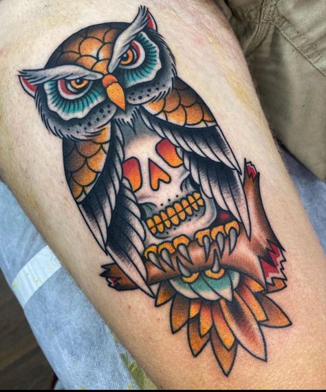 Owl Forearm Tattoo, Owl Skull Tattoos, Traditional Owl, Traditional Owl Tattoos, Animal Tattoos For Men, Tattoo Font For Men, Family Tattoos For Men, Traditional Tattoo Inspiration, Traditional Tattoo Designs