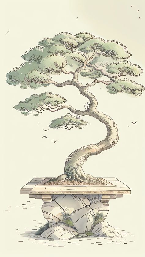 How To Draw A Bonsai Tree, Japan Tree Drawing, Bonsai Illustration Design, Manga Tree Drawing, Chinese Tree Drawing, Japanese Tree Illustration, Ancient Tree Drawing, Bonsai Art Drawing, Japanese Tree Drawing