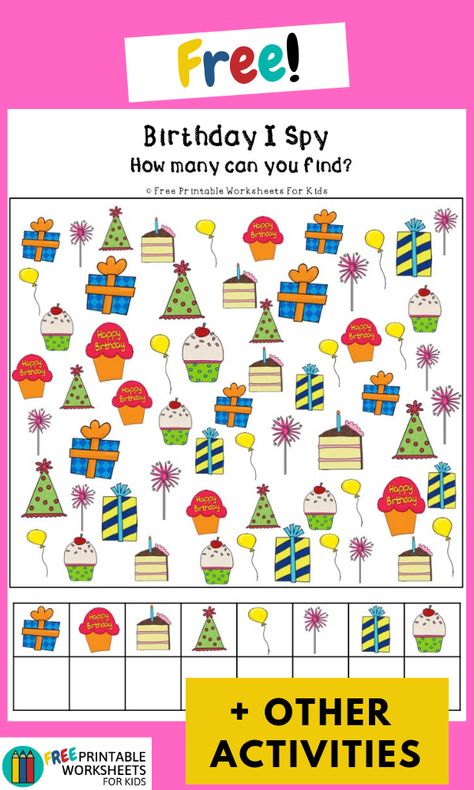 Occupational Therapy Birthday Activities, Kindergarten Birthday Activities, Birthday Worksheets Free Printables, Birthday Activities For Kindergarten, Birthday Activities Preschool, Preschool Birthday Activities, Birthday Worksheets For Kids, I Spy Birthday, Birthday Worksheet