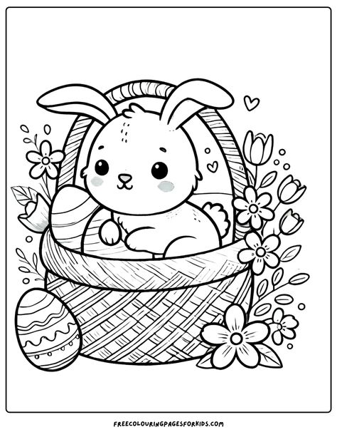 Bunny in a Basket! This delightful design showcases an adorable bunny nestled in a cozy woven basket, surrounded by colorful flowers and cheerful Easter eggs. Bunnies Painting, Rabbit Coloring Pages, Printable Easter Coloring Pages, Kid Coloring Pages, Rabbit Coloring, Easter Coloring Sheets, Easter Symbols, Egg Coloring Page, Bunny Coloring