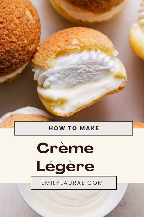 If you’re a fan of the dreamy vanilla cream inside of éclairs and cream puffs, you need to learn the art of making Crème Légère. This versatile French cream recipe can be used in dozens of applications and can be flavored in countless ways to fit your dessert vision. Types Of Pastry Cream, Eclair Cream Filling, Cream Puff Flavors, Mousseline Cream, Clotted Cream Recipes, Best Frosting Recipe, Cream Puffs Recipe, Cream Filling Recipe, Pastry Cream Recipe