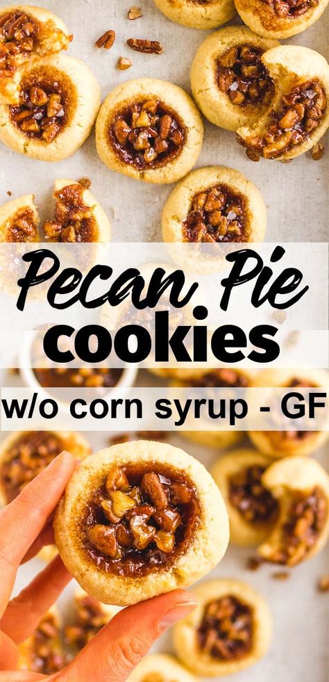 Pecan Pie Cookies (without corn syrup) - Pecan pie cookies are everything good about pecan pie in a cookie form. Soft, buttery cookie with a gooey, maple sweetened pecan pie center. #glutenfree #glutenfreebaking #maplesyrup #pecans #pecanpie #almondflour #cookies #baking #Thanksgivingrecipe #christmas #christmasbaking #christmascookies #dessert #butter | robustrecipes.com Betty Crocker Pecan Pie Cookies, Pecan Pie Cookies Gluten Free, Gluten Free Maple Pecan Cookies, Gluten Free Pecan Pie Cookies, Easy Pecan Pie Cookies, Vegan Pecan Pie Cookies, Pecan Pie Cookies Recipe, Pecan Pie Cupcakes, Bakers Oven