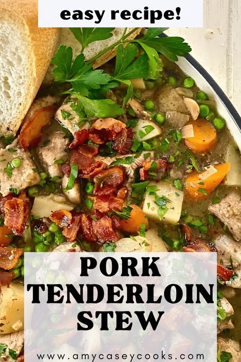 This Pork Tenderloin Stew Recipe is the ultimate comfort food for a chilly day. Delicious pork tenderloin cooks to perfection with carrots, onions, garlic, mushrooms and potatoes in a thick and rich white wine sauce. It's the perfect family dinner. Pork Tenderloin Stew Slow Cooker, Soup With Pork Tenderloin, Pork Tenderloin Stew Recipes, Pork Tenderloin Soup Recipes, Pork Tenderloin Soup, Stew Pork Recipes, Recipes Using Pork Tenderloin, Pork Tenderloin Stew, Pork Stew Meat Recipes