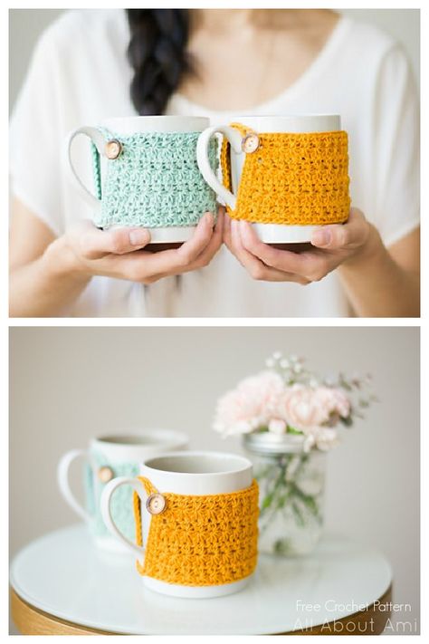 Free Mug Cozy Crochet Pattern, Crochet Mug Cozy And Coaster, Crochet Mug Cozy Free Pattern, Diy Crochet Ornaments, Stitch Cup, Crochet Tea Cup, Cup Cozy Crochet Pattern, Mug Cozy Pattern, Mug Cover