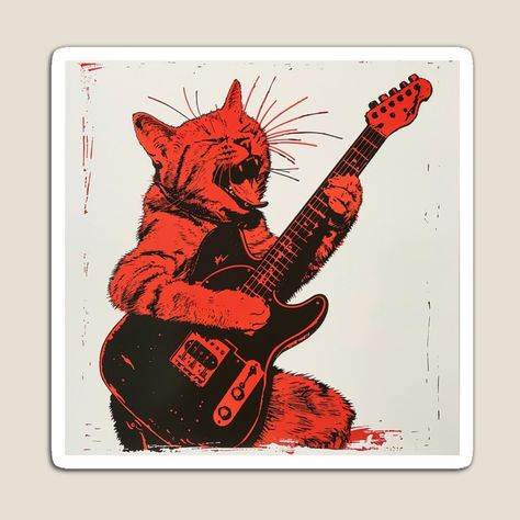 Get my art printed on awesome products. Support me at Redbubble #RBandME: https://www.redbubble.com/i/magnet/Rocker-Rock-Cat-Music-Kitty-Retro-Style-Kitten-Vintage-Cat-by-CreativeArts-S/159859003.TBCTK?asc=u Vintage Cats Illustration, Cat Rock Art, Art About Music, Music Guitar Art, Retro Art Style, Retro Music Art, Cat Playing Guitar, Punk Cat, Rock Cat