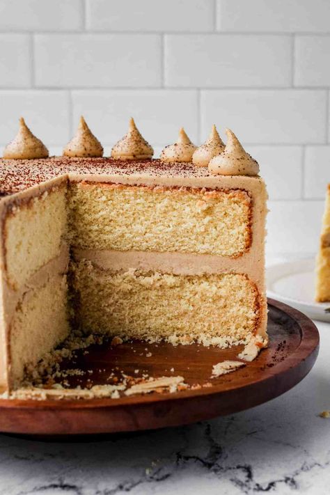 Caramel Macchiato Butter Cake - My Messy Kitchen Caramel Coffee Buttercream Cake, Brown Butter Cake Recipe, 2023 Desserts, Caramel Macchiato Cupcakes, Cooked Frosting, Sweetie Cake, Coffee Desserts, Toffee Cake, Coffee Buttercream